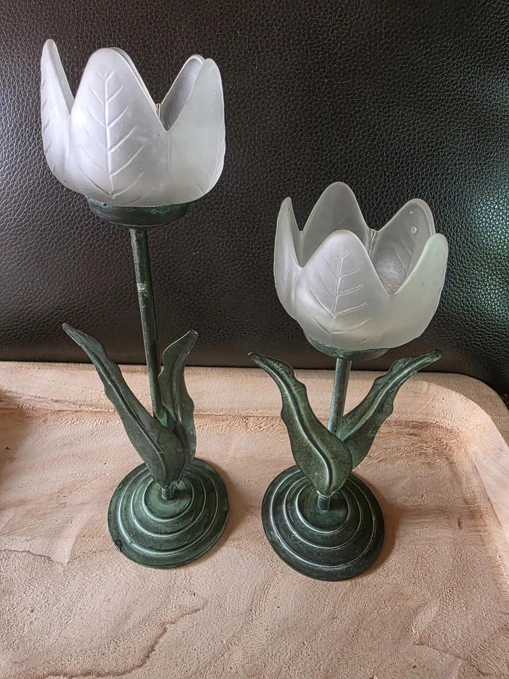 Glass Tulip Candle Holders in Frosted White and Patina Green - Home Accents